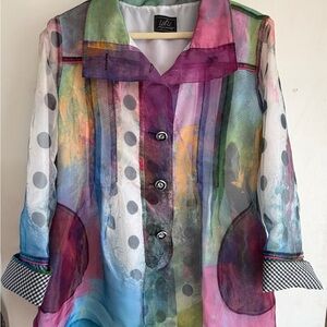 Ubu Multicolor Sheer Button-Down Blouse in Pink, Blue & Green